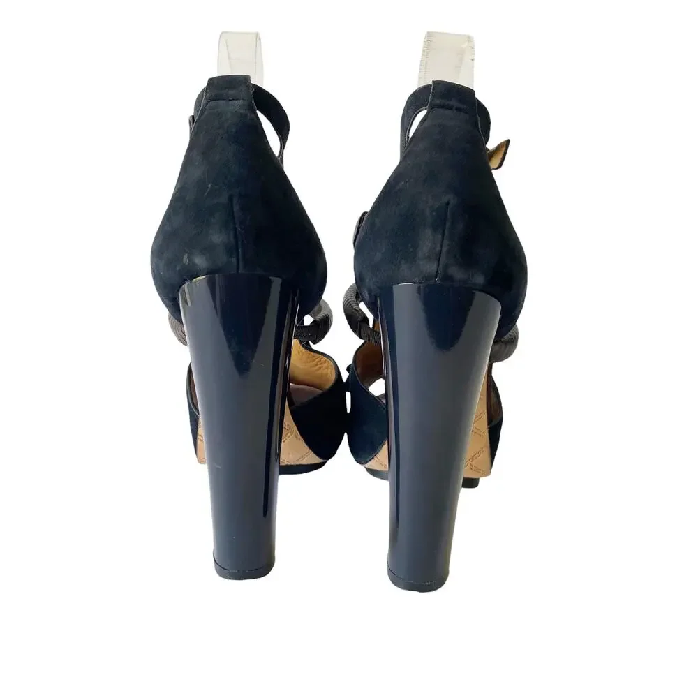 L.A.M.B Hortensia Womens Size 7 Dark Blue Fringe Suede Brown Strap Heels